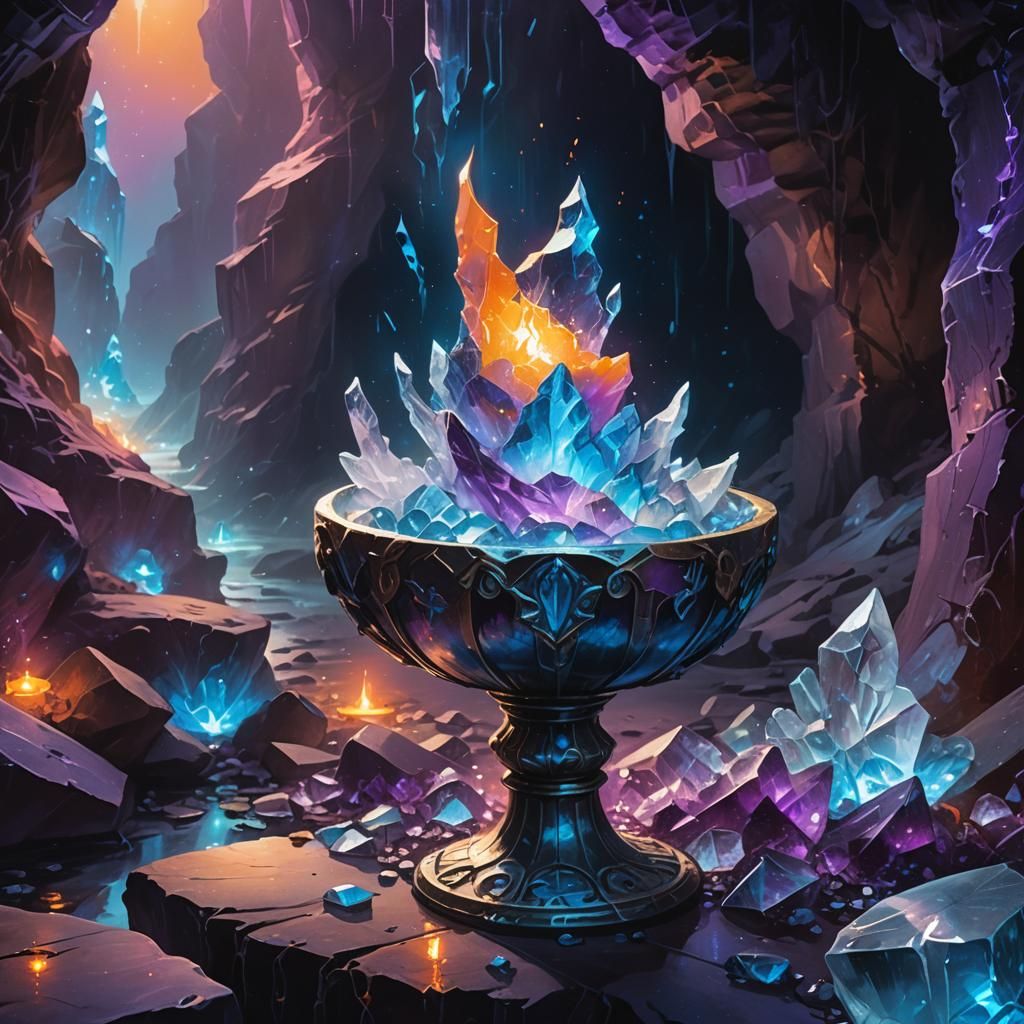 Mystical Chalice Reflecting Blue Light in Oil Painting