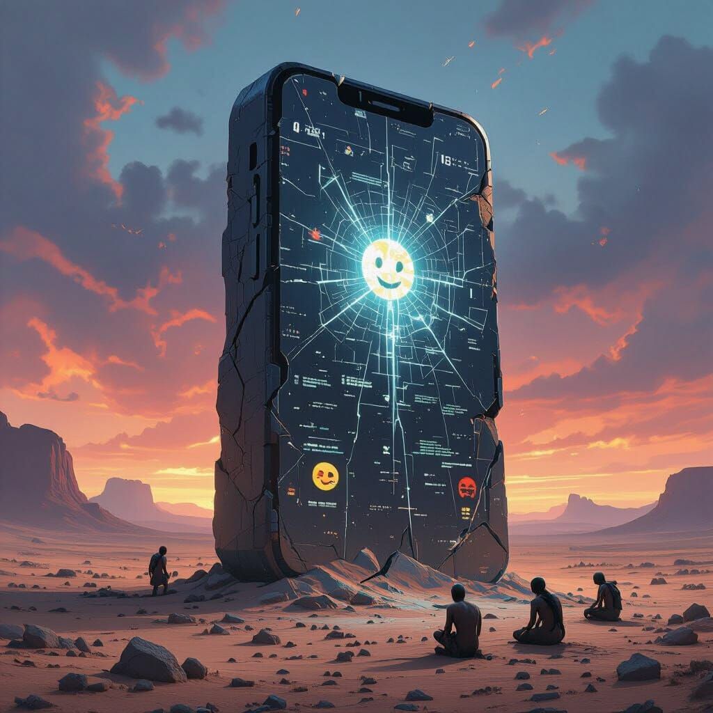 A giant, weathered obsidian monolith in the shape of a smart...