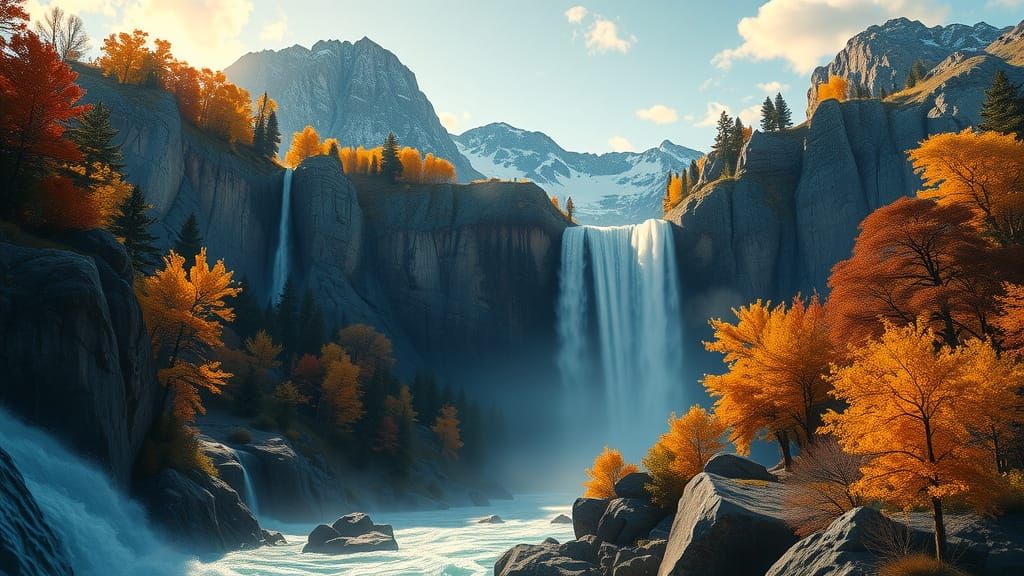 Breathtaking Mountain Falls in Autumn Valley