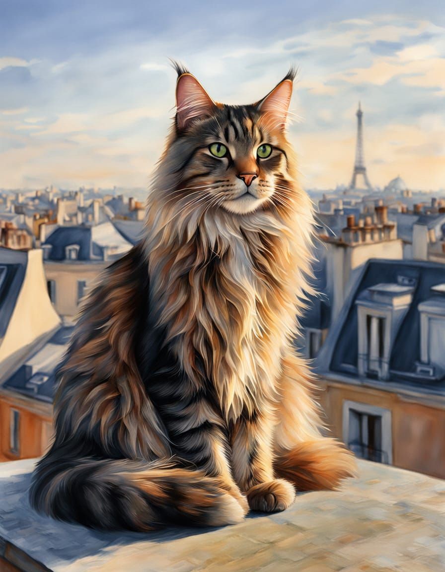 Mainecoon Cat Lounges on Parisian Rooftop in Watercolor