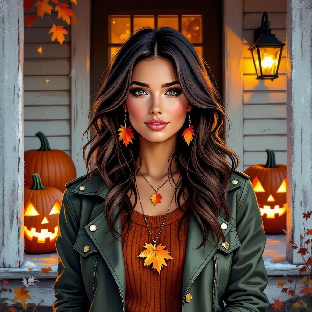 Glowing pumpkins and sparkling frost surround a rustic farmh...