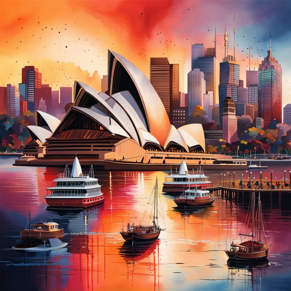 Sydney Opera House Sunset with Calligraphy Splash Art