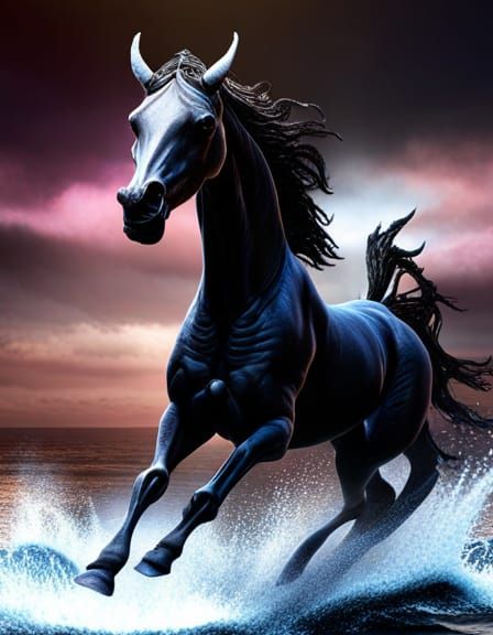 Eerie Demonic Horse Galloping Over Midnight Sea