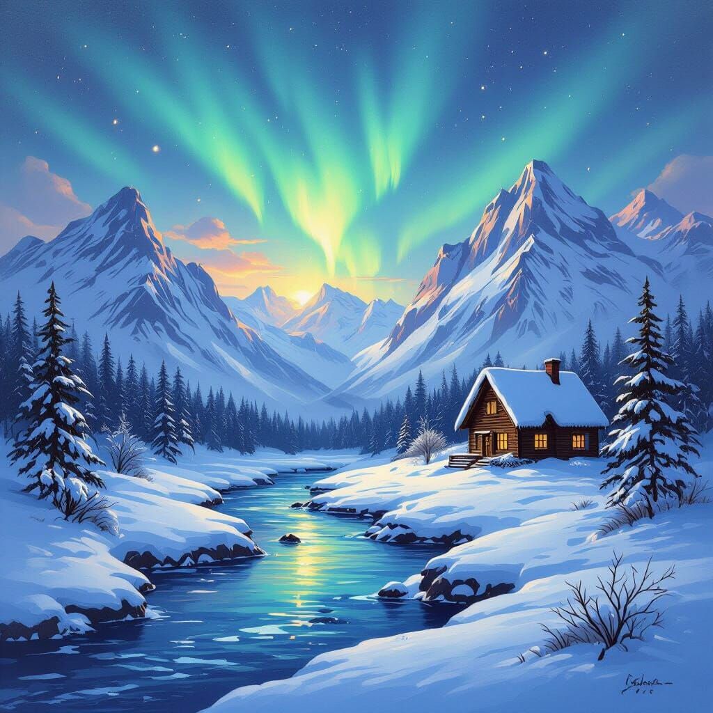 Bob Ross Style Snowy River Landscape with Aurora Borealis