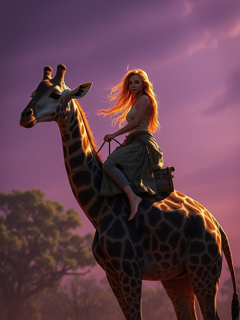 Dark Fantasy Farm Woman Rides a Majestic Giraffe in a Vibran...