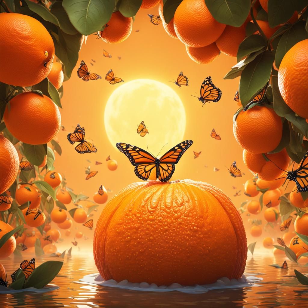 Cartoon Giant Orange with Swimmers and Butterflies