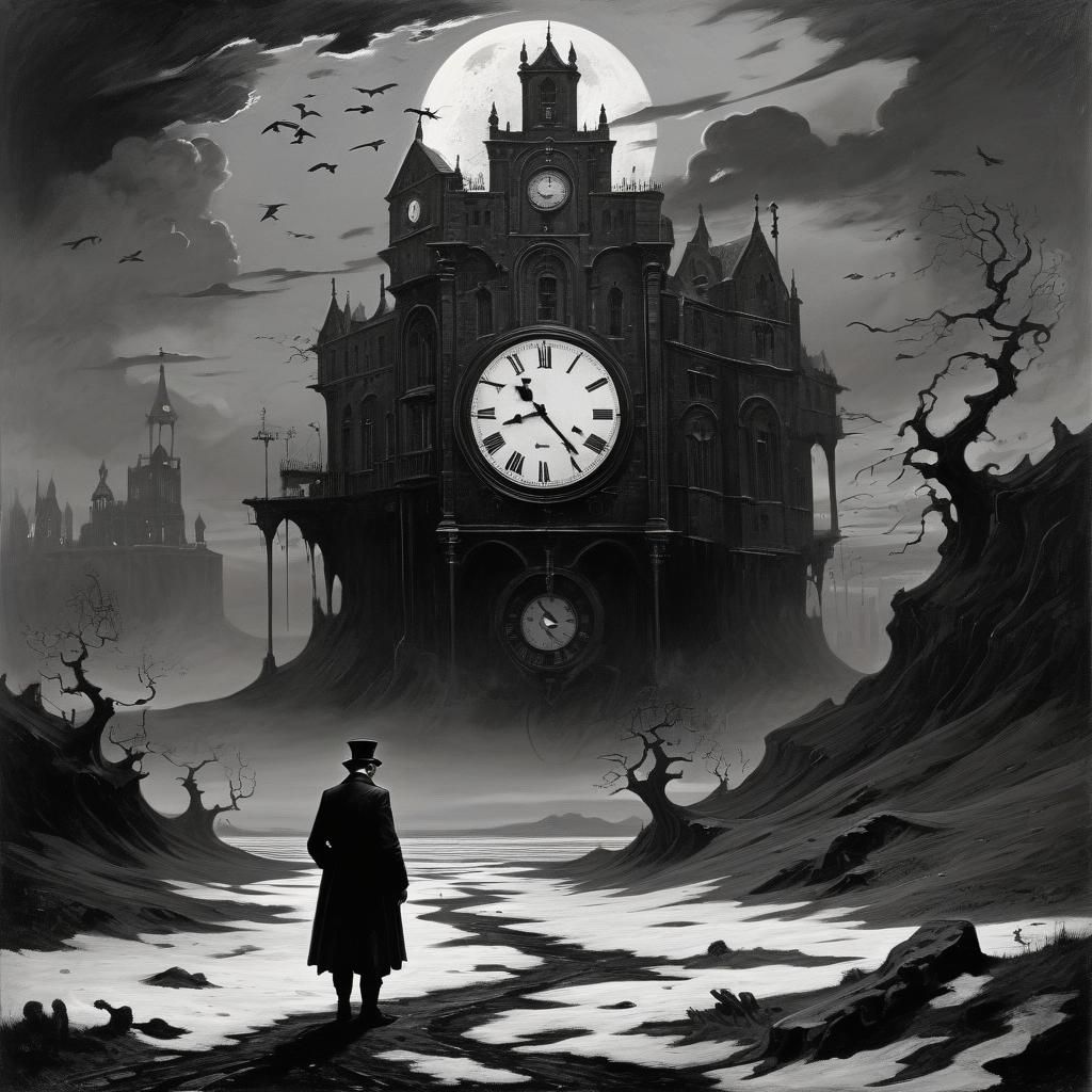 Monochromatic Clockpunk Landscape in Dark Surreal Fantasy