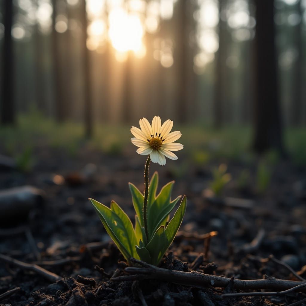 Resilient Wildflower Blooms Amidst Forest Fire Ruins with a...
