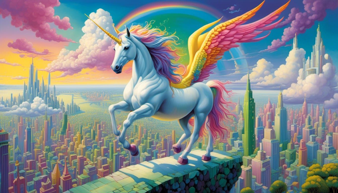 Unicorn Flight in Futuristic City: Pop Surrealism