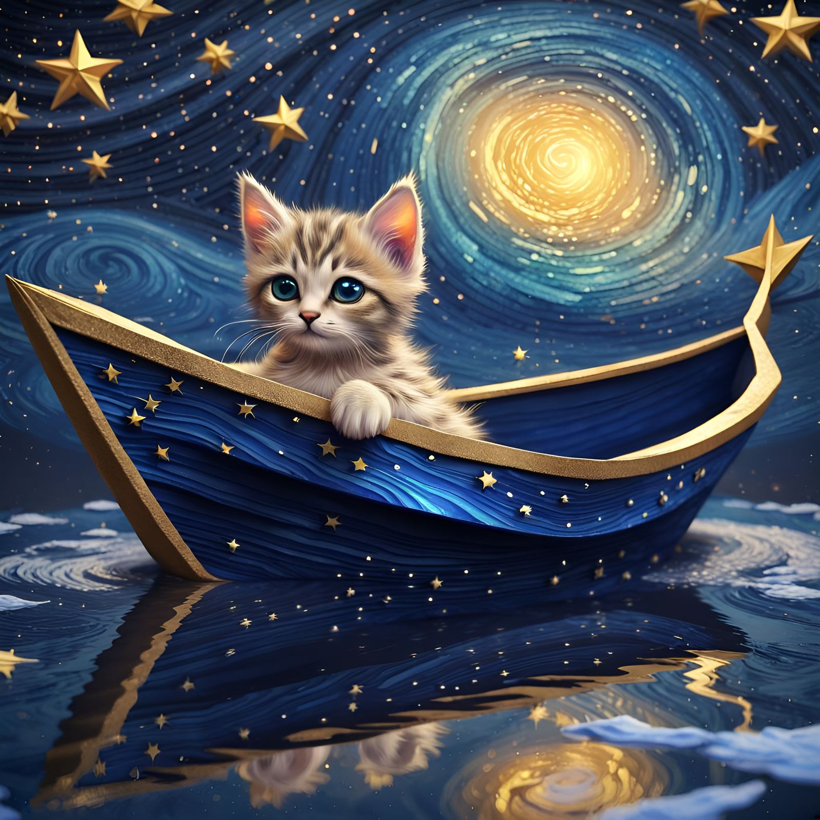 Kitten's Starry Voyage: Van Gogh-Inspired Dreamscape
