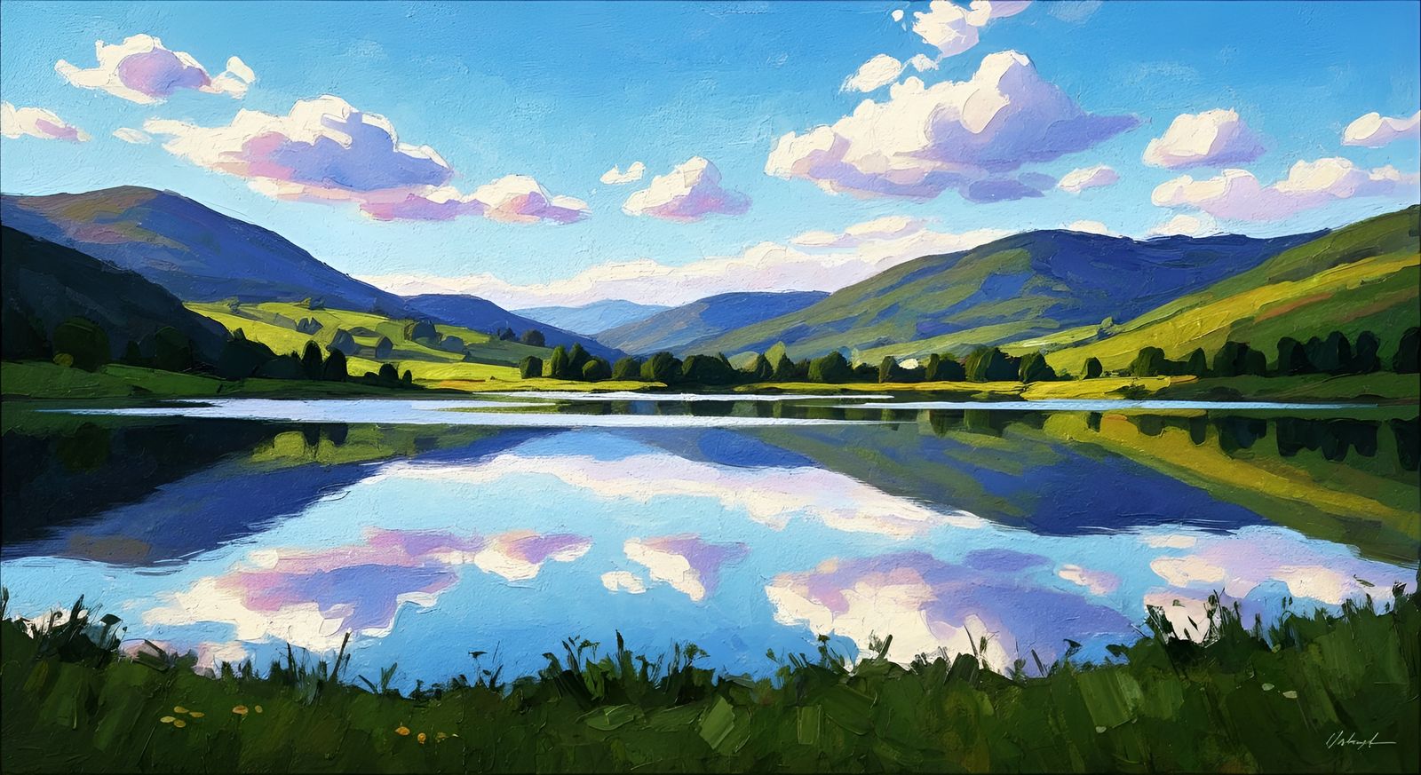 Lake Reflection in Gouache Watercolor Style