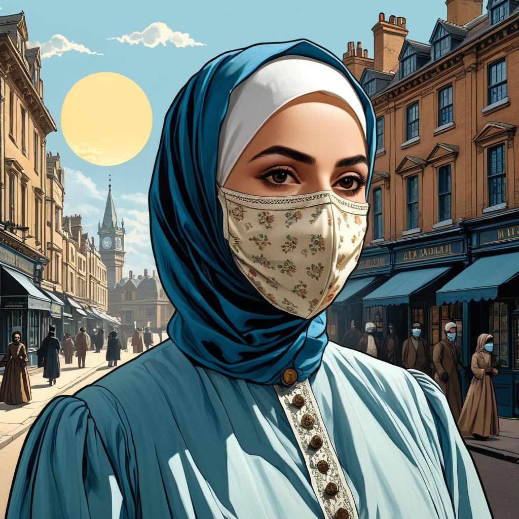 Victorian Hijabi Portrait in Vintage Comic Style