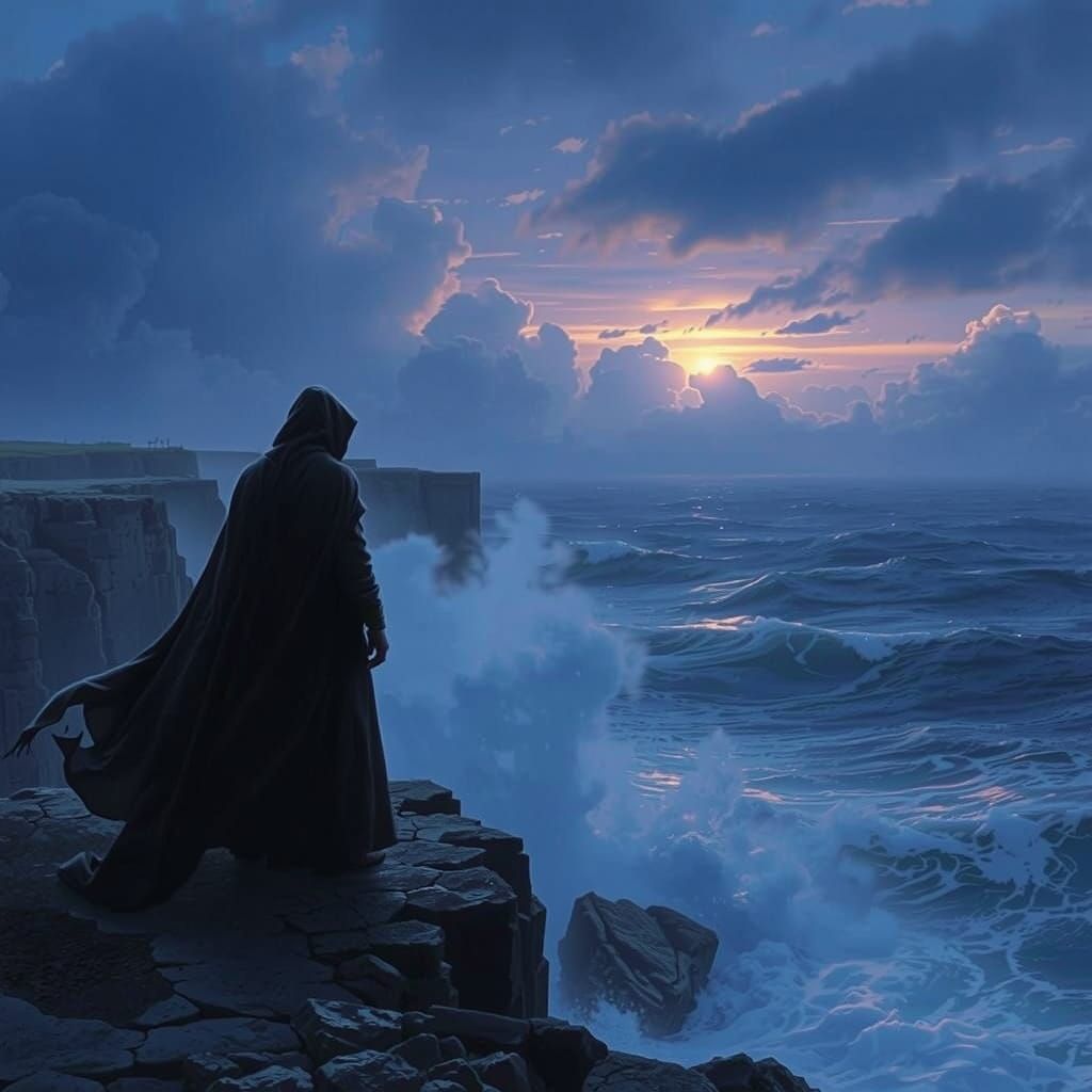 Gothic Figure Overlooks Stormy Sea at Twilight