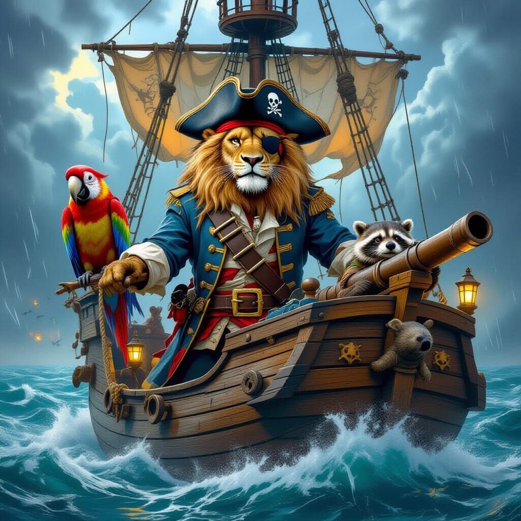 Animal Pirates Sailing Stormy Seas in Hyperrealistic Style
