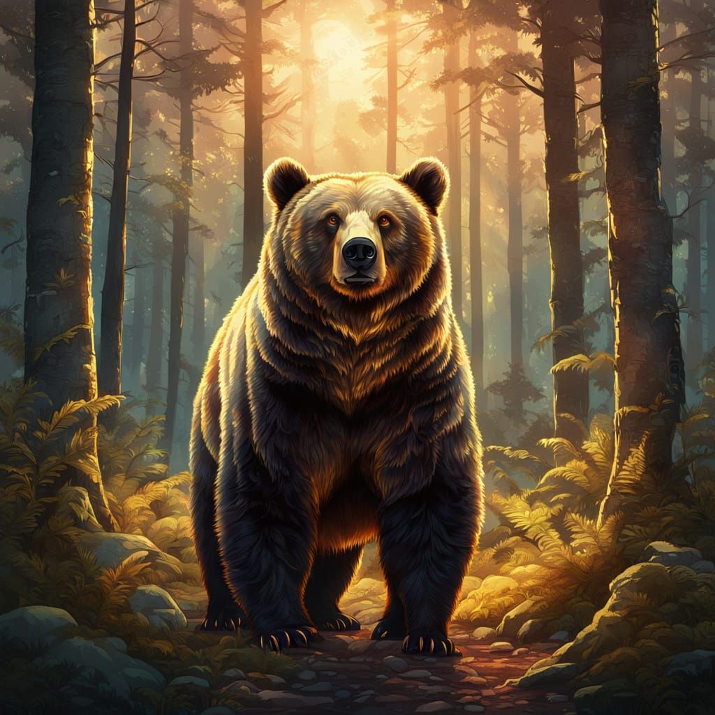 Majestic Golden Bear in Forest, Fantasy Illustration