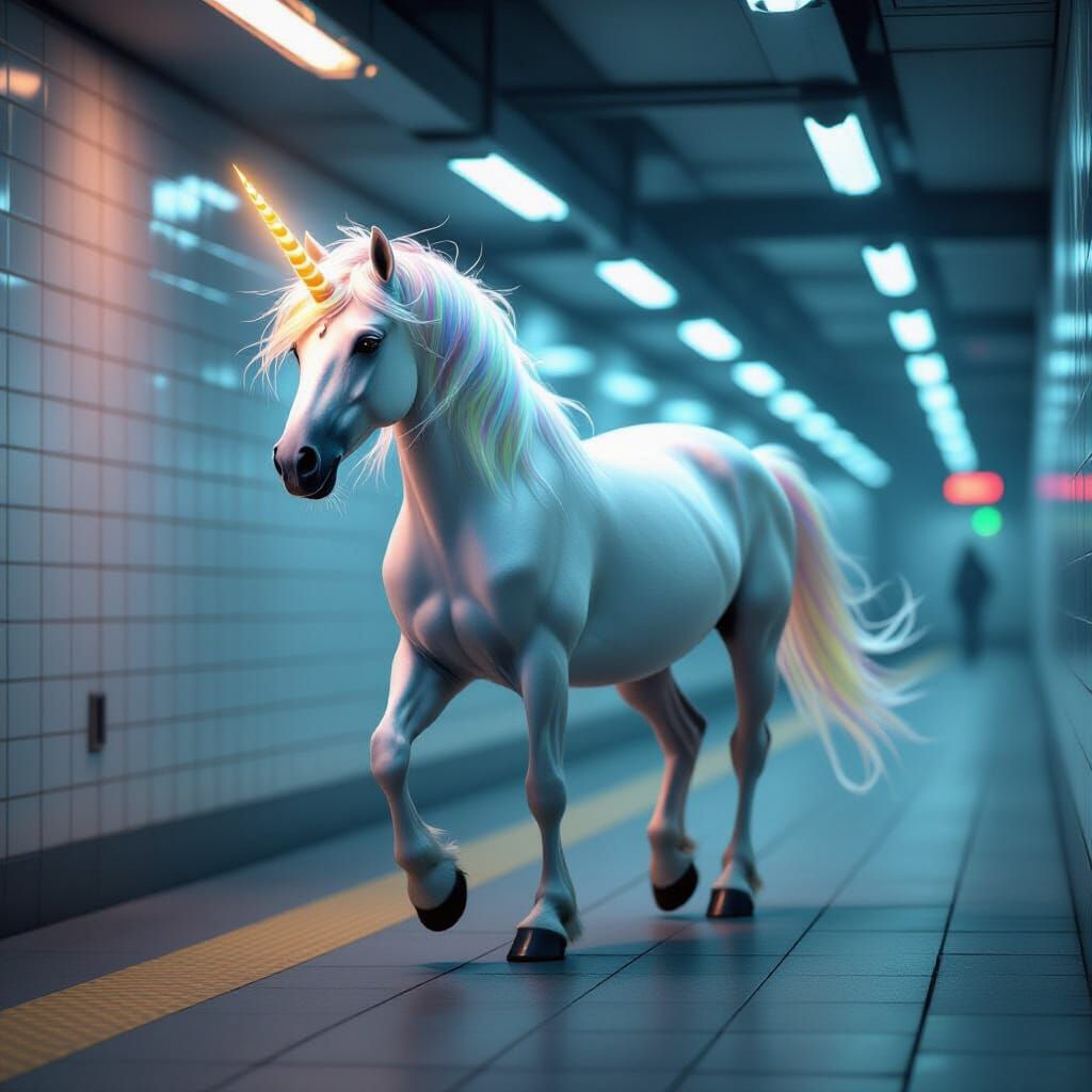 Unicorn in Subway Station with Eerie Lighting