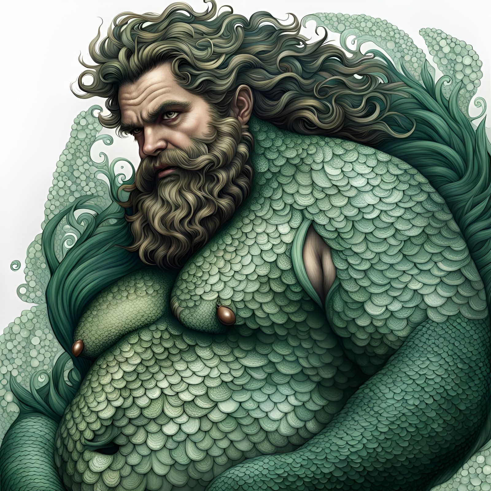 Hyperrealistic Merman with Dark Green Scales