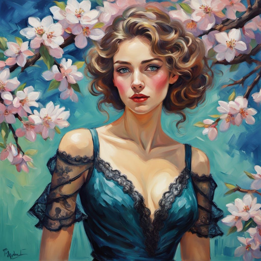 Vibrant Oil Painting of a Strong Woman with Cherry Blossoms