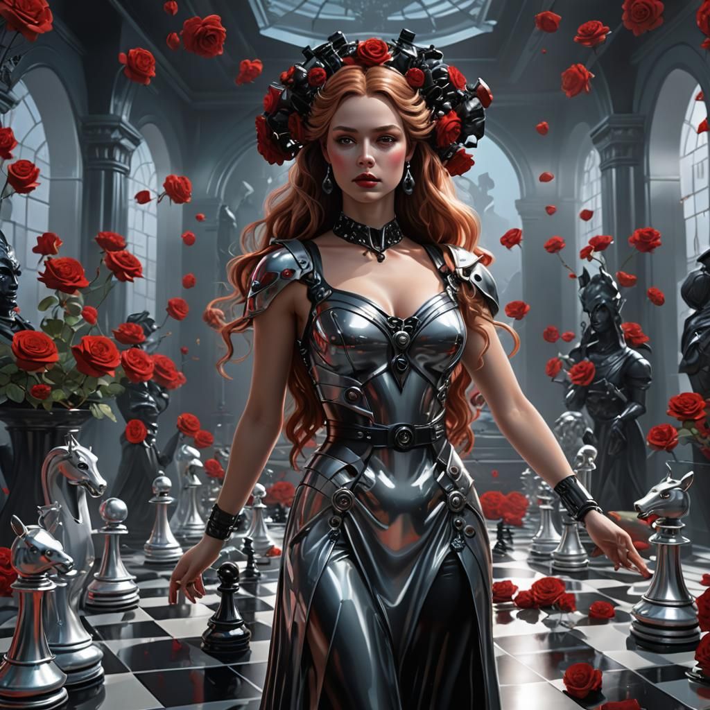 High Tech Persephone on Chessboard, Hyperrealistic Sci-Fi Ar...