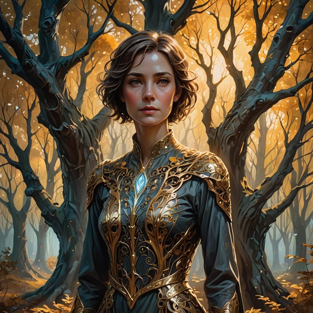 Mystical Woman in Glowing Forest: Fantasy Concept Art