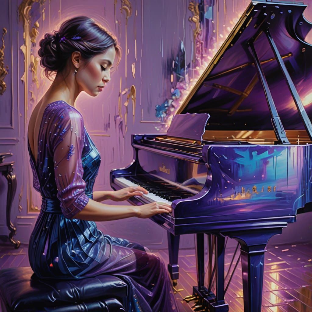 Woman Plays Purple Piano in Oil Painting Style