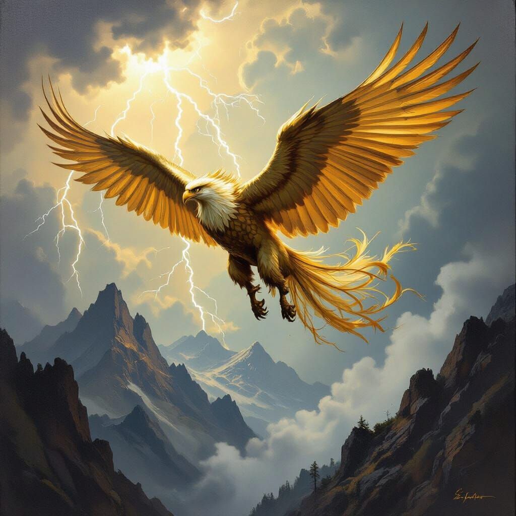 Griffin Soaring Through Stormy Sky in Oil Painting Style