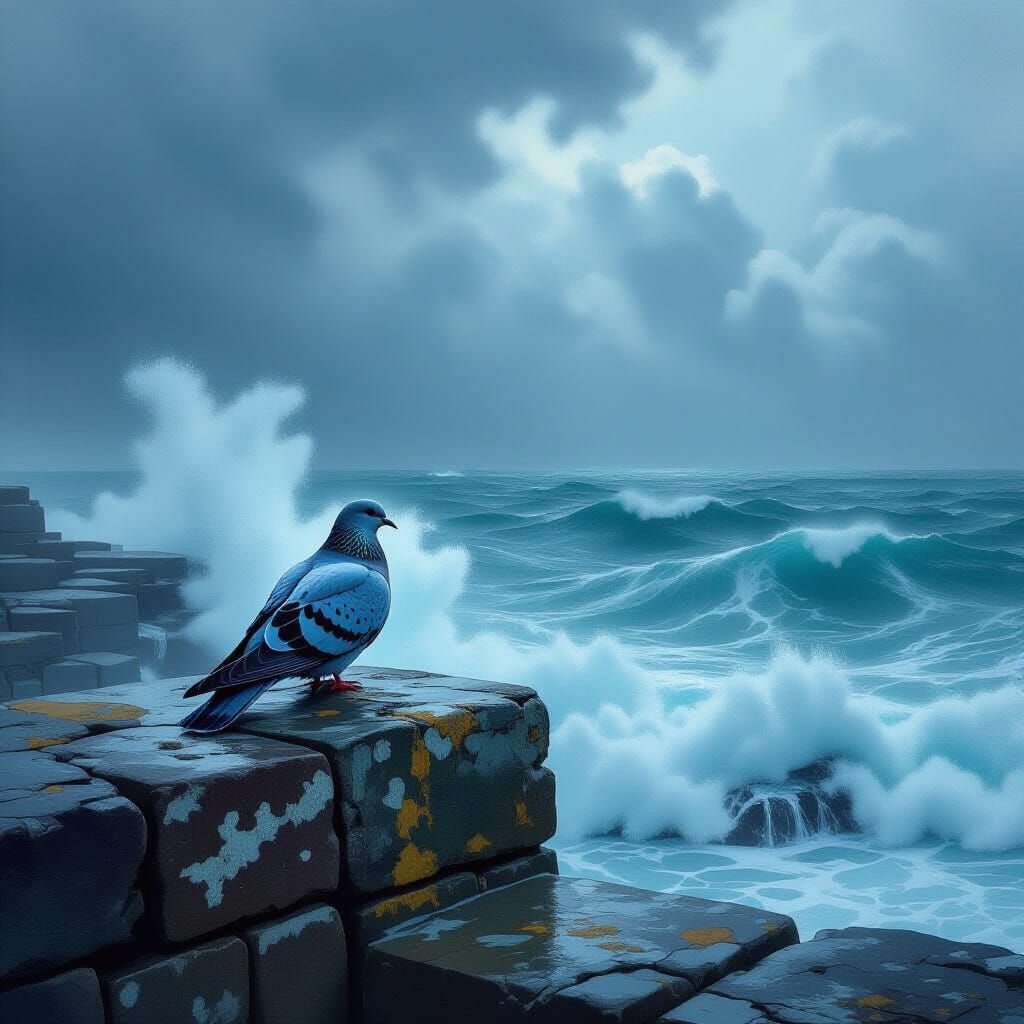 Solitary Dove on Stone Above Stormy Ocean