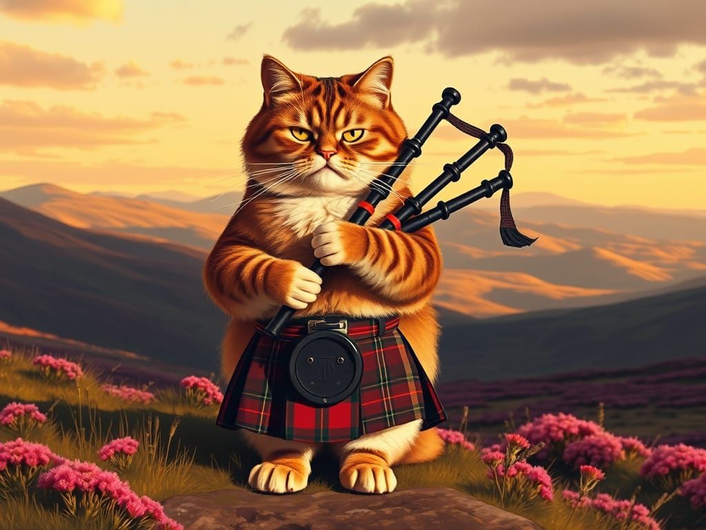 Grumpy Scottish Fold Cat in Highlands, Vintage Poster Style