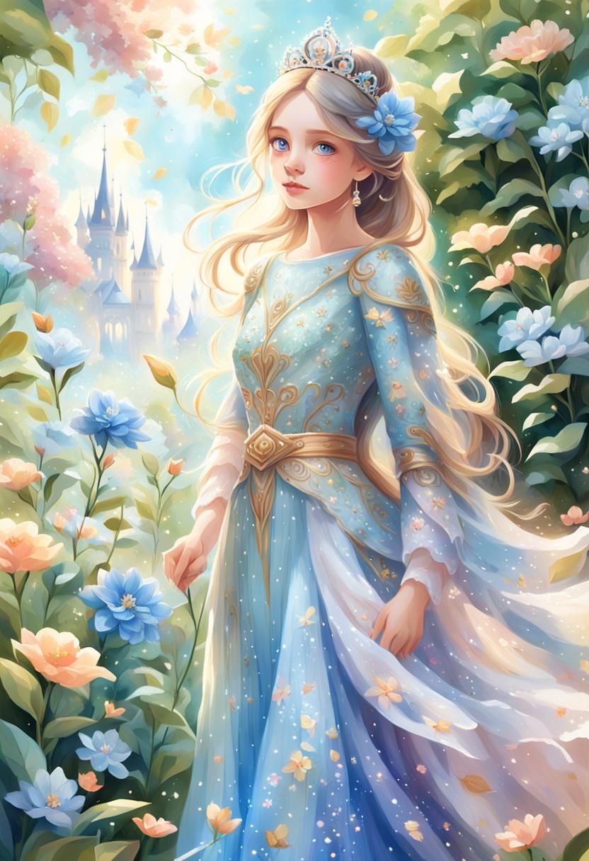 Princess Holding Blue Flower in Lush Garden