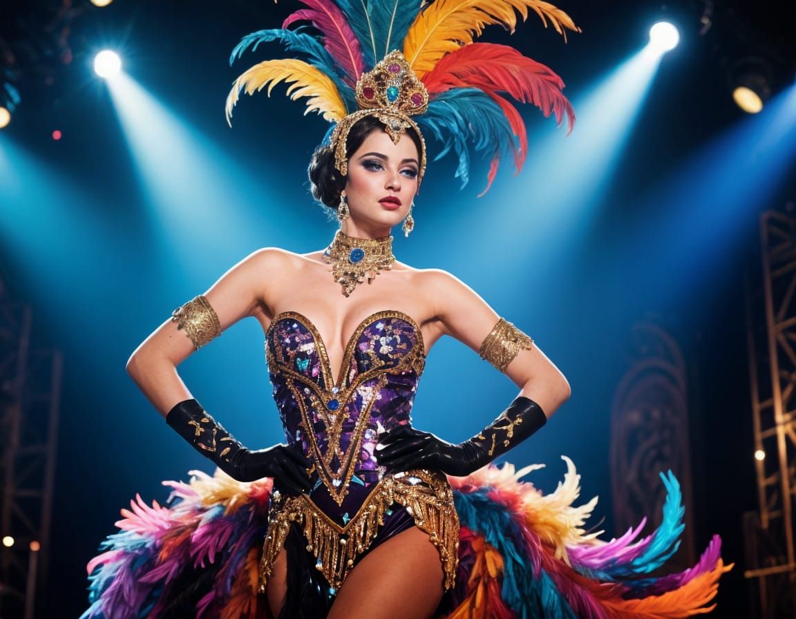 Glamorous Showgirl with Feathers and Stage Lights