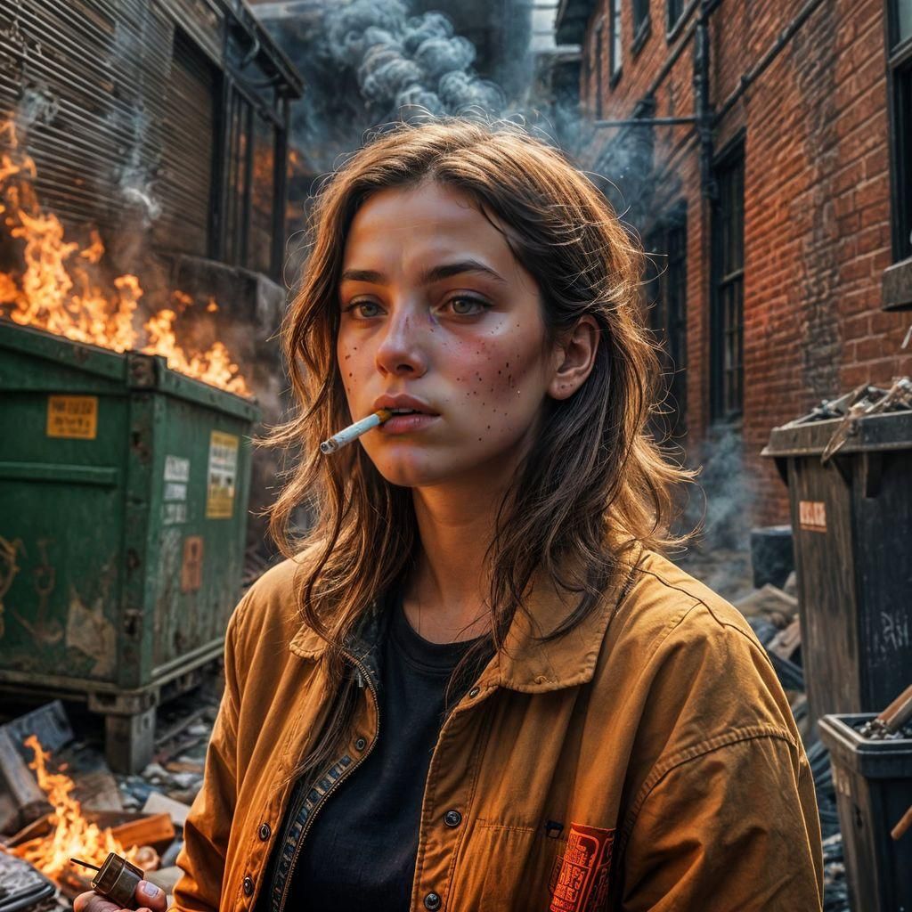 Intense Portrait: Girl Smoking by Dumpster Fire