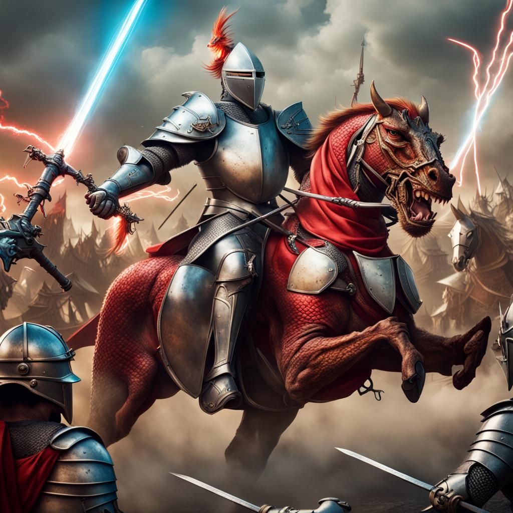 Cyborg Dragon Battles Knights with Laser Swords