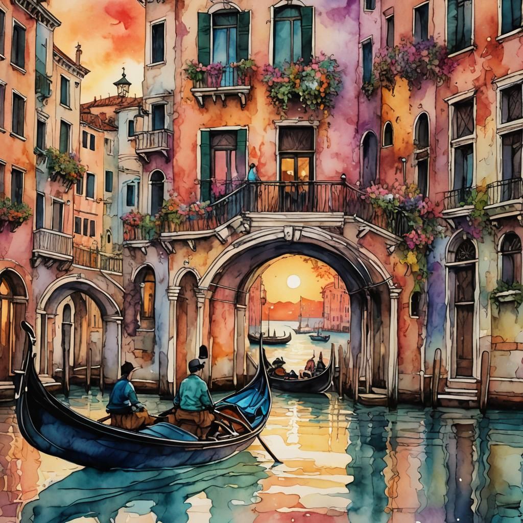 Venice Sunset: Alcohol Ink Gondola Illustration