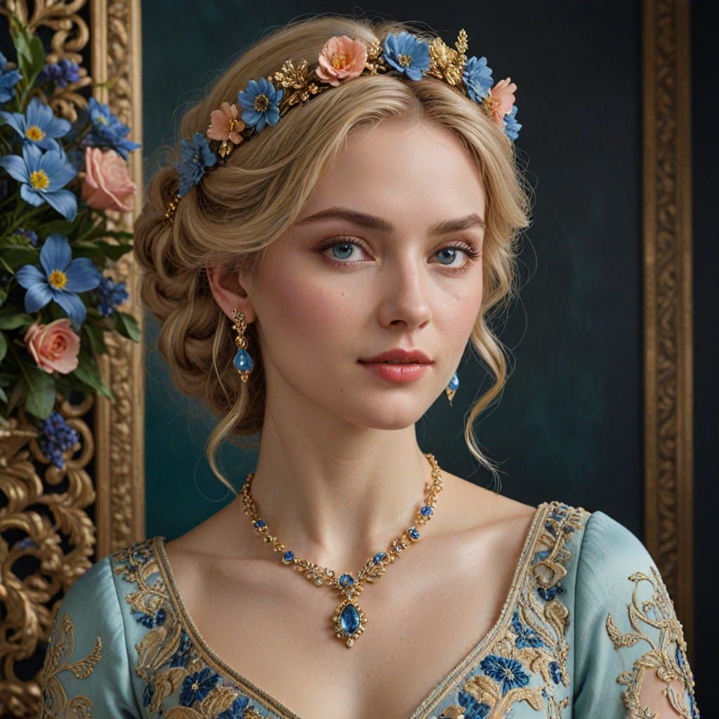 Elegant Woman in 18th-Century Gown, Floral Crown, and Jewelr...