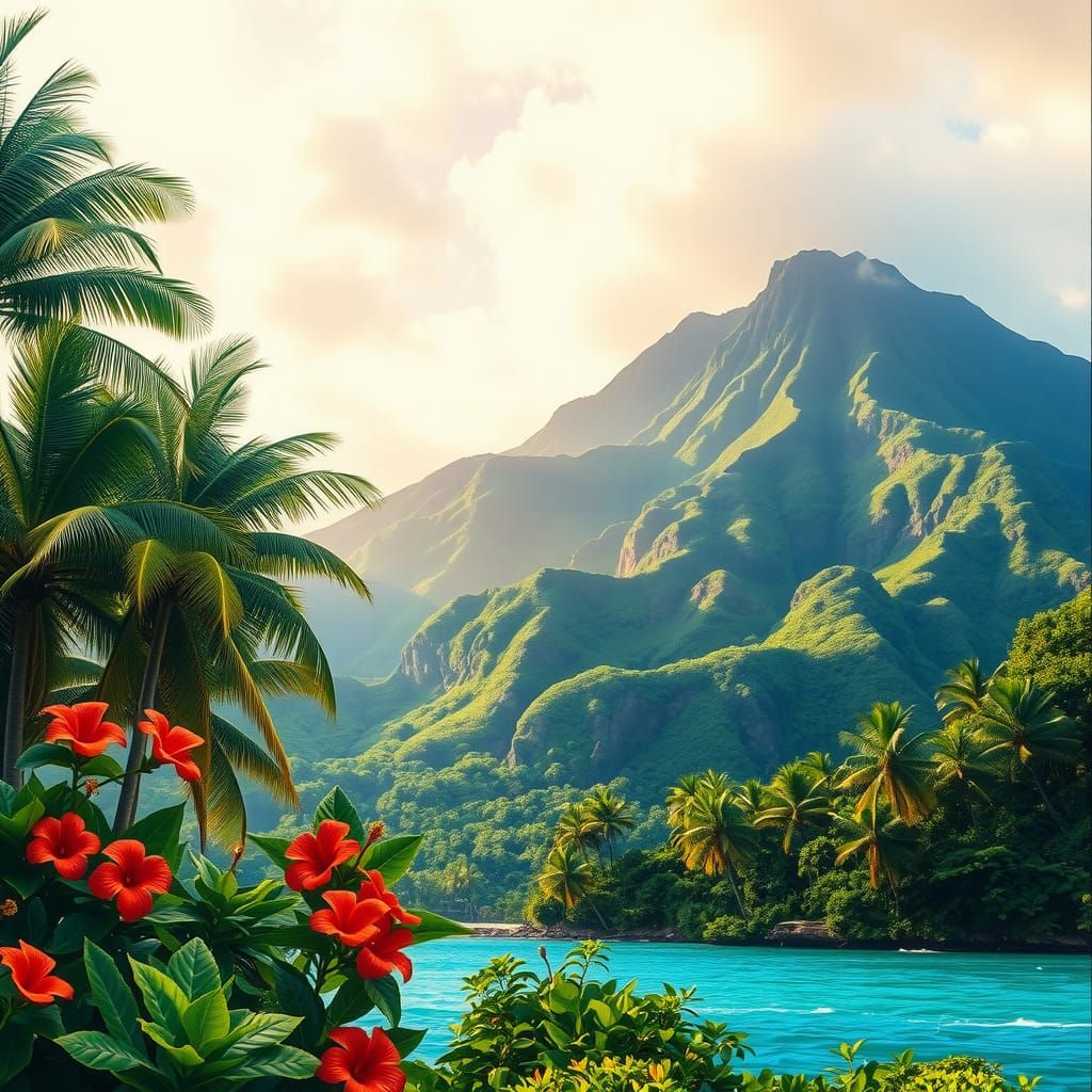 Lush Hawaiian Landscape, Volcano in Background