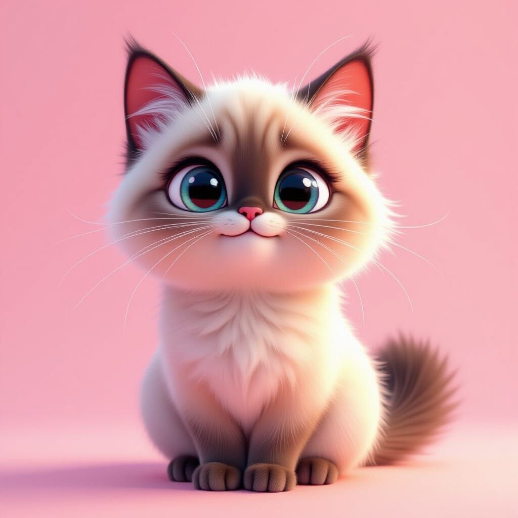 Pixar-Style Siamese Cat with Big Eyes and Pink Background