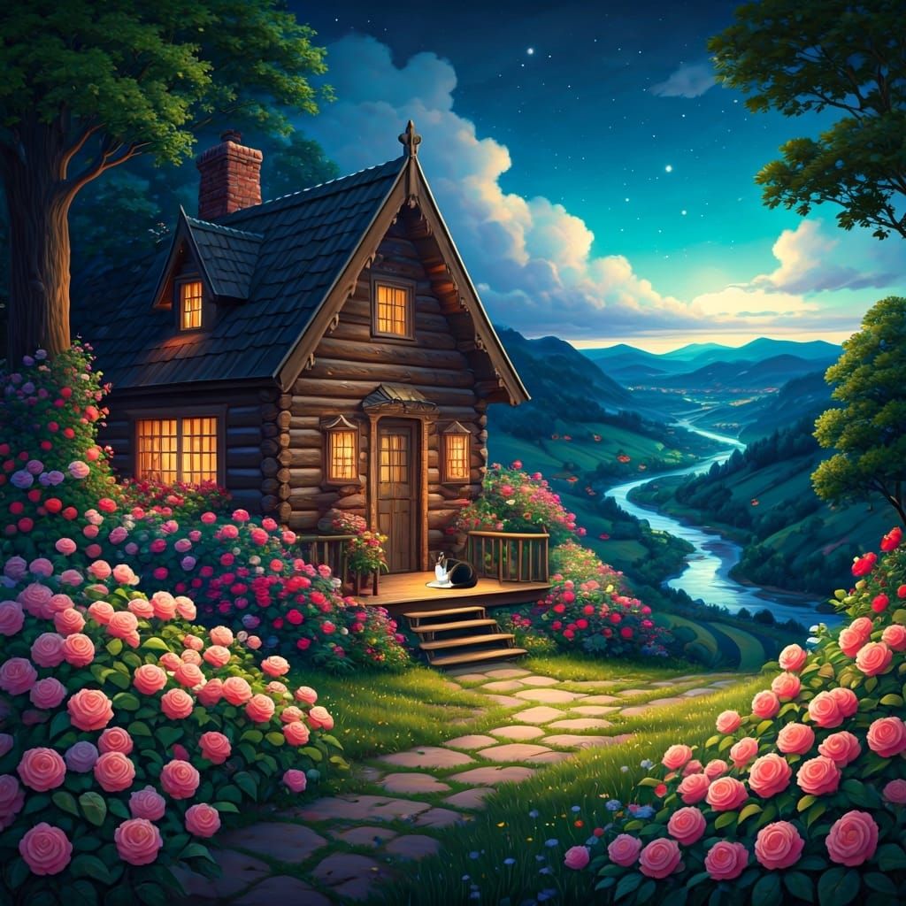 Serene Log Cabin with Cat and Starry View