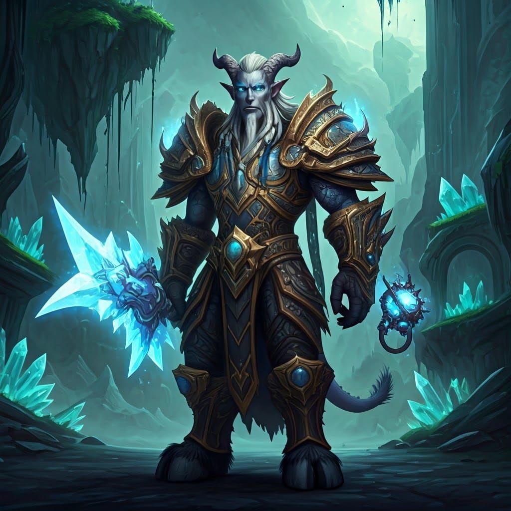 Ethereal Draenei Warrior in Futuristic, Arcane Environment