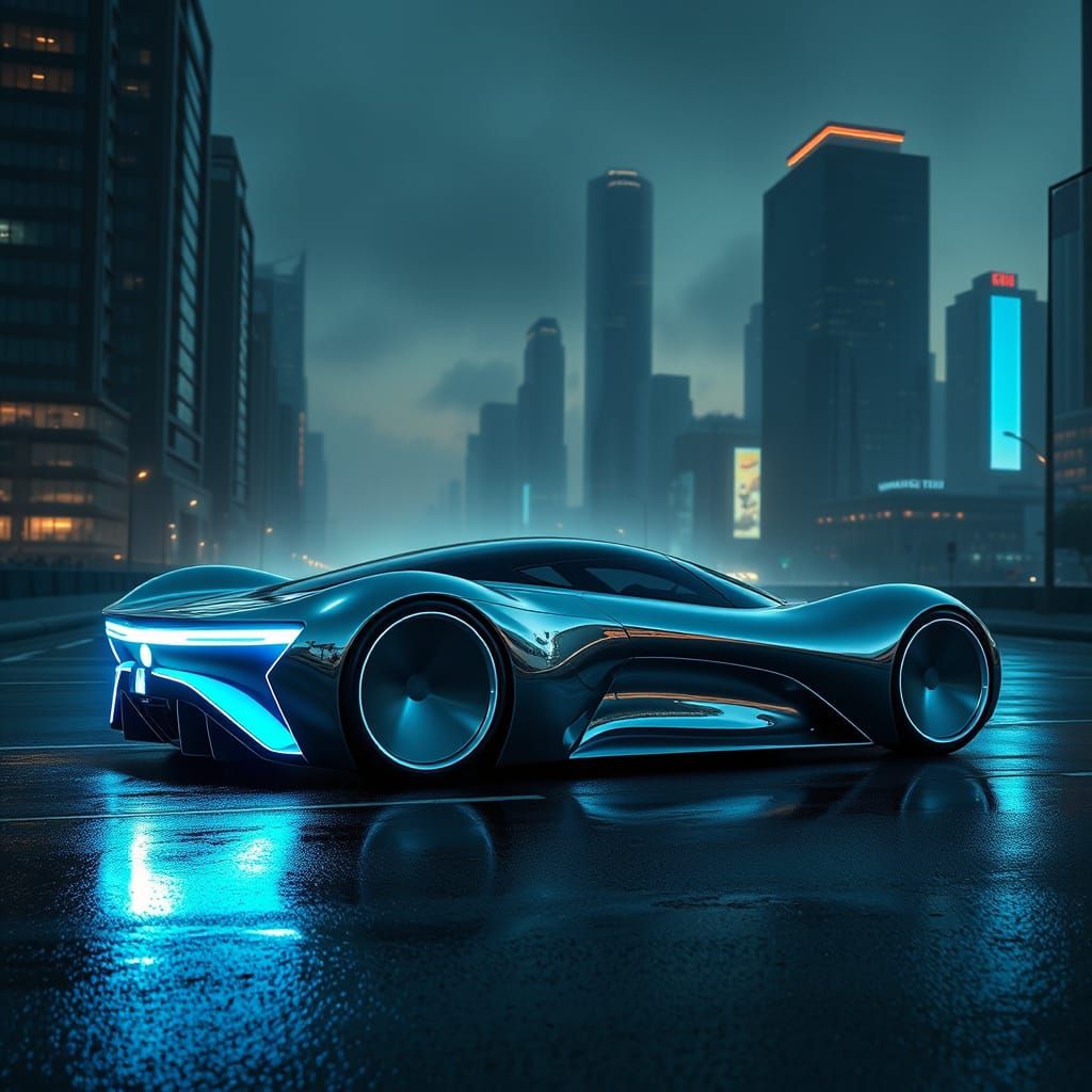 Futuristic Car in Misty Cityscape, Retro-Futuristic Style