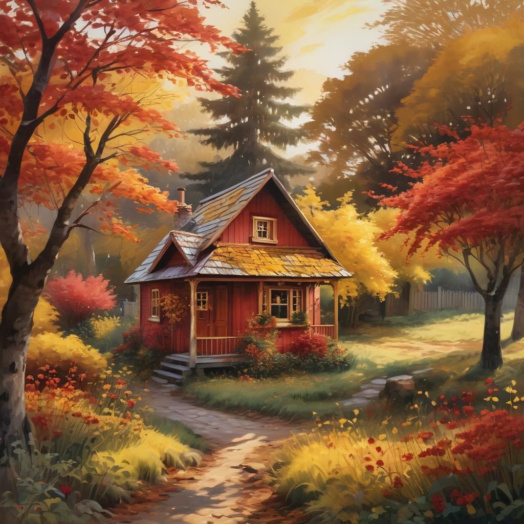 Impressionist Autumnal Countryside Scene with Rowan Tree