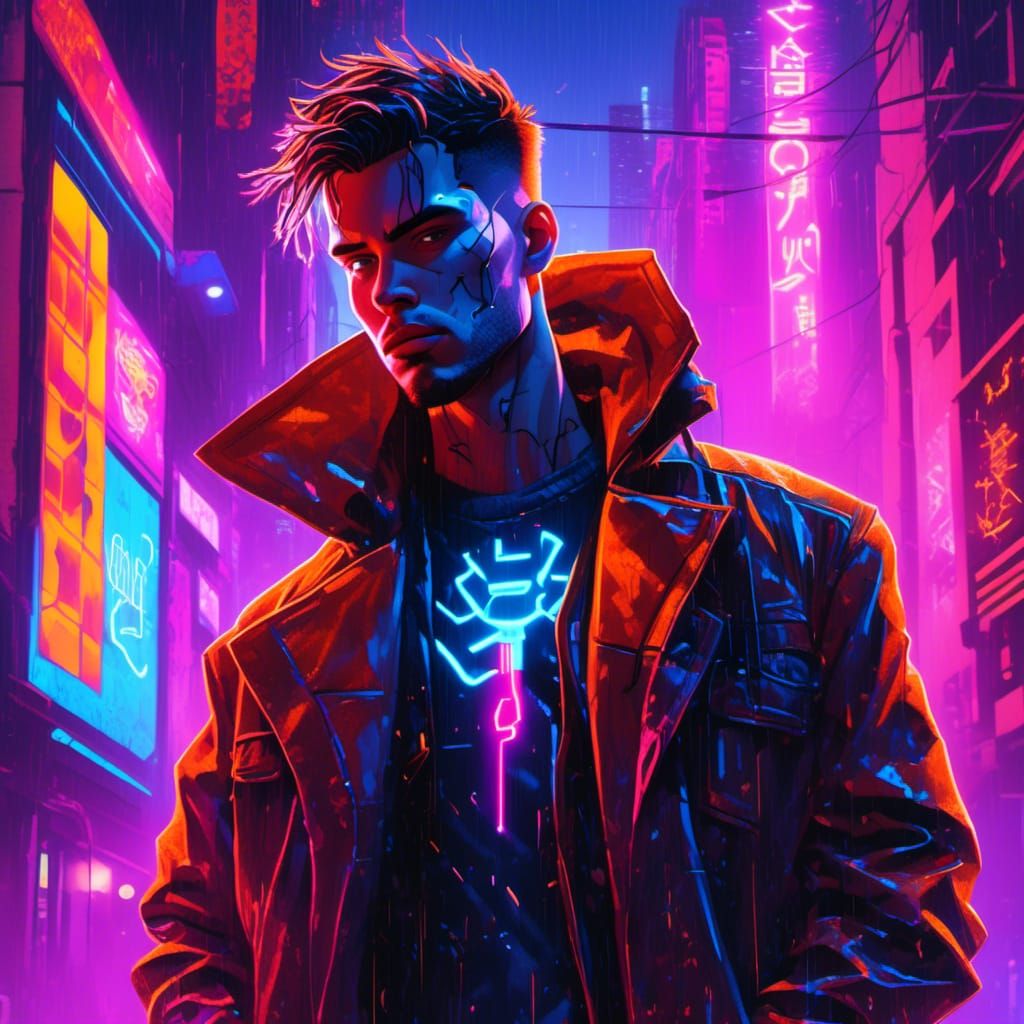 Cyborg Leans in Neon Cyberpunk Dystopian Cityscape