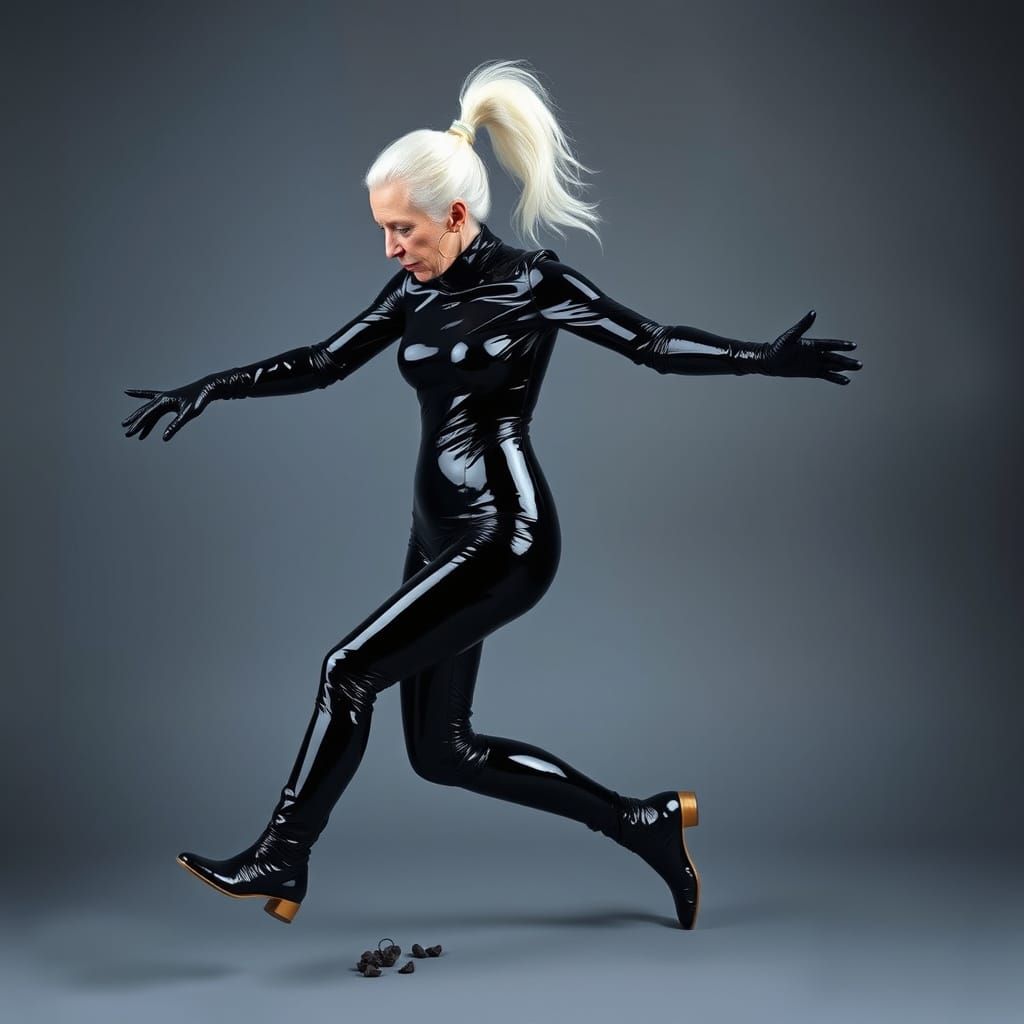 Elderly Woman in Glossy Black PVC Catsuit