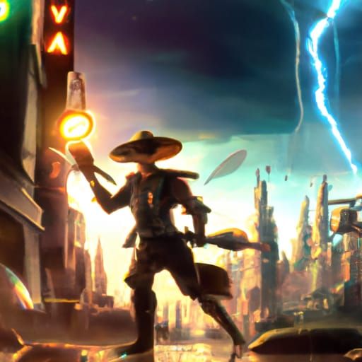 Futuristic Cowboy in Spaghetti Western Town