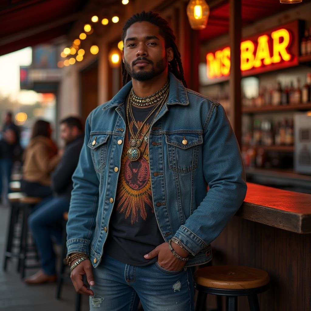 Muscular Native American Man in Denim Jacket at Rustic Bar