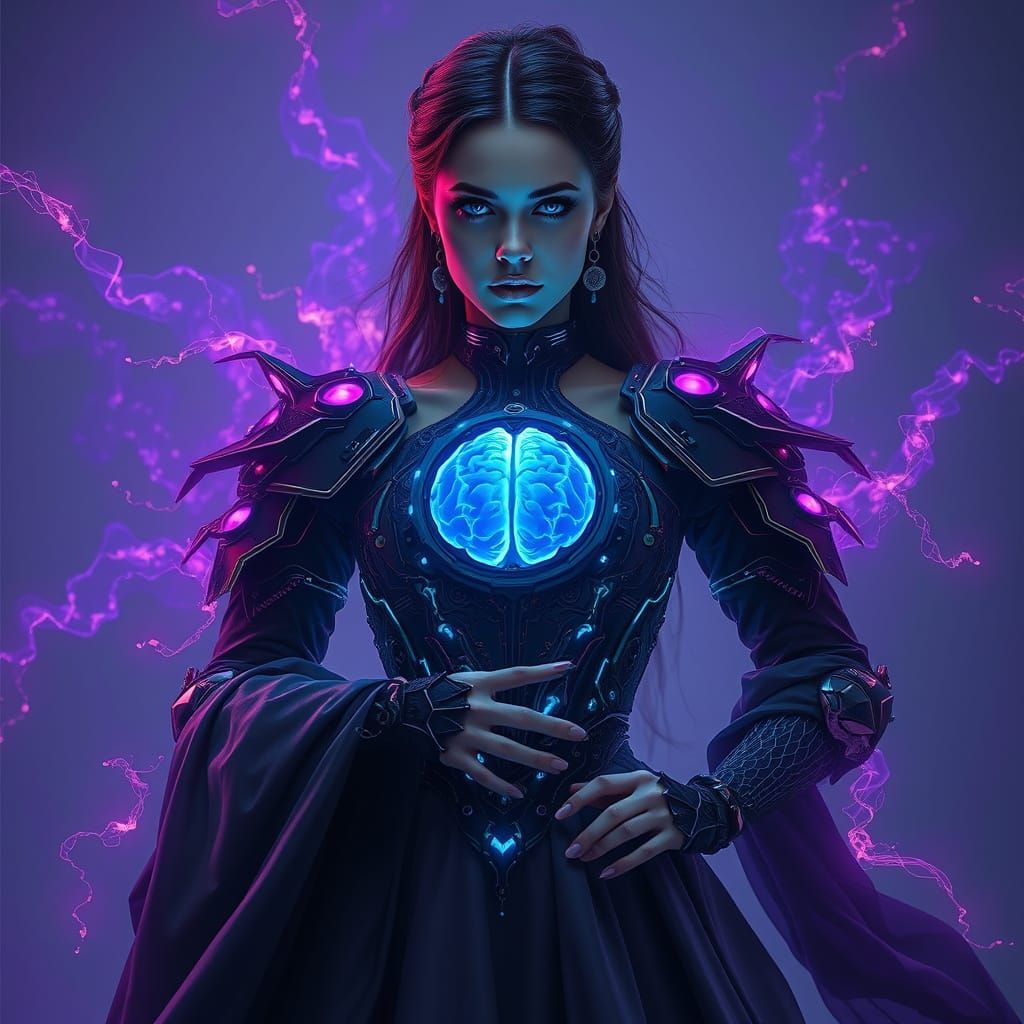 Cyber-Gothic Woman in Haunting Portrait with Neural Dress