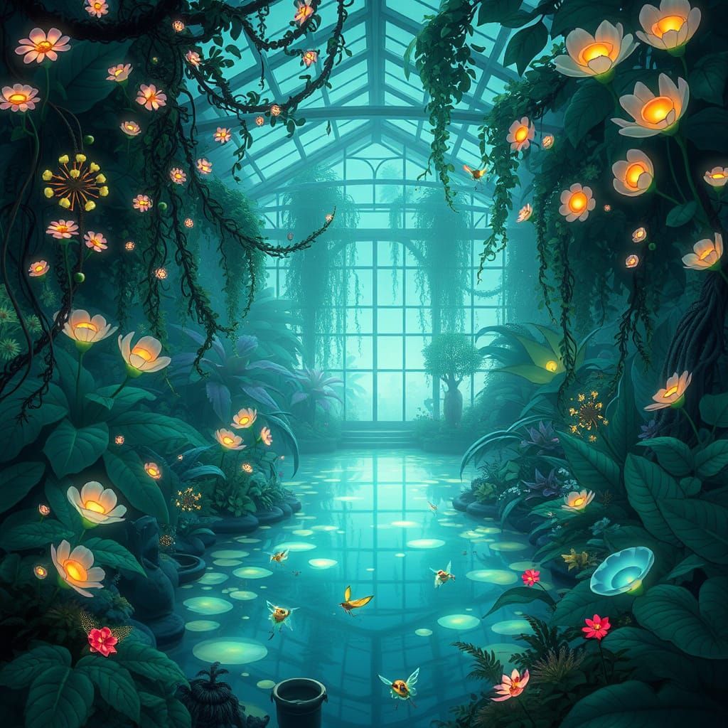 Enchanting Bioluminescent Greenhouse with Fantasy Creatures