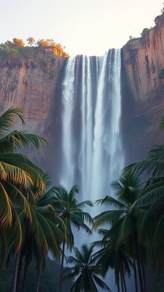 Sci-Fi Waterfall Scene During Golden Hour