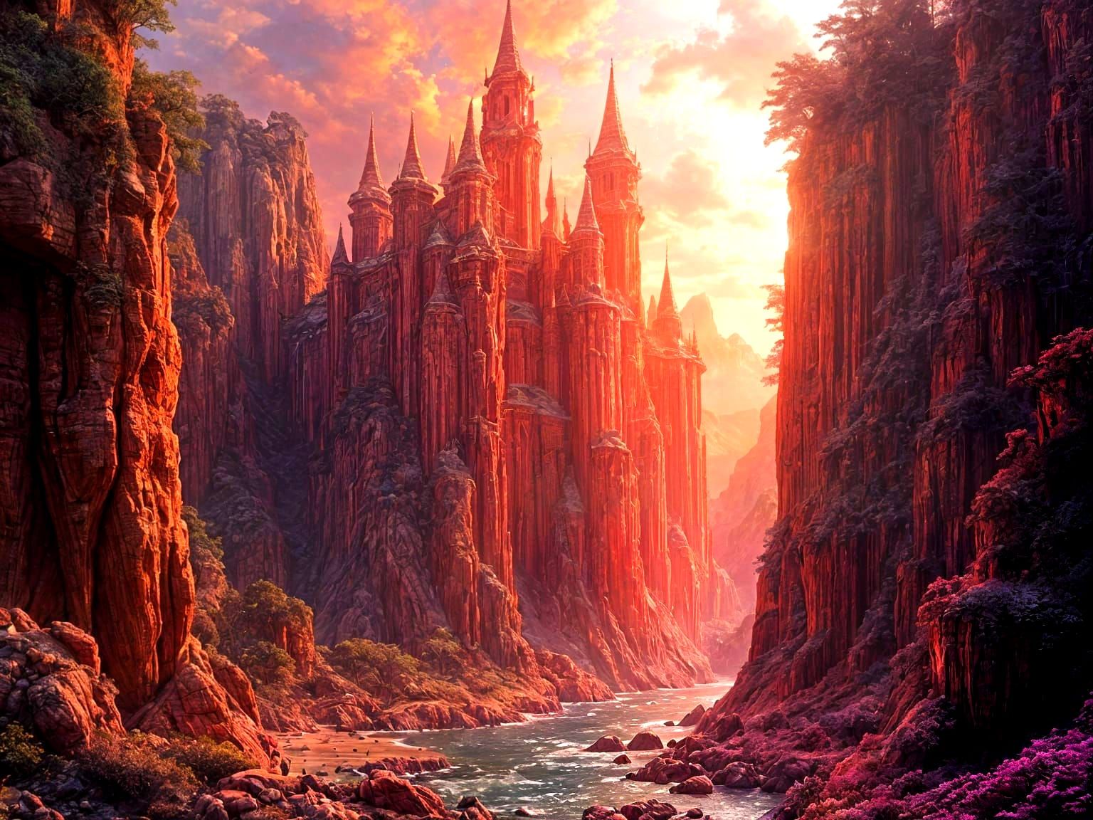 Ruby Crystal Palace at Sunset, Impasto Oil Painting