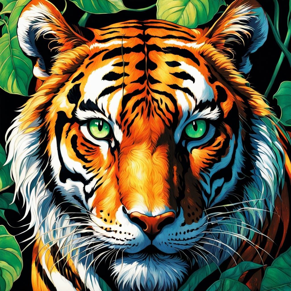 Majestic Tiger in Art Nouveau Style with Emerald Eyes and In...