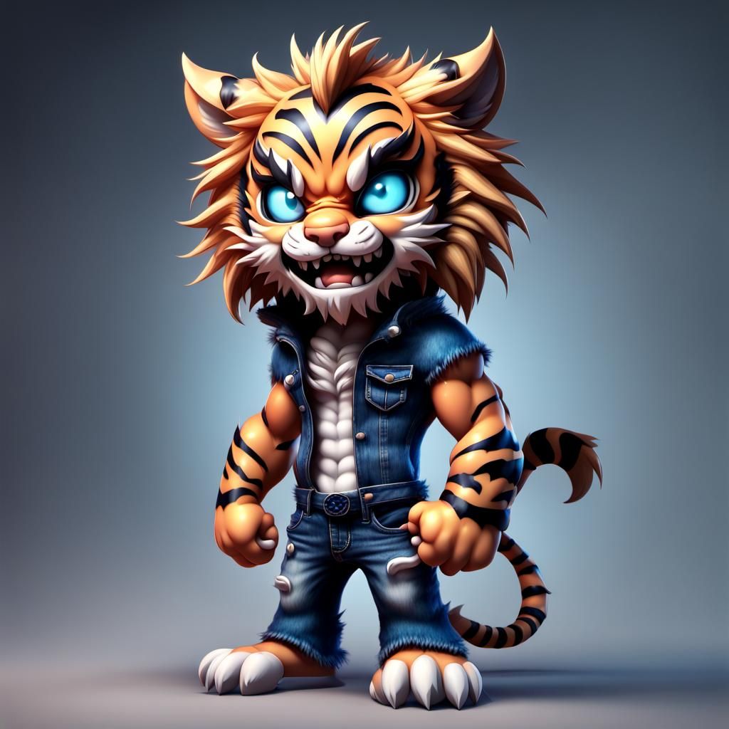 Demonic Tiger-Human Child in 3D Chibi Style